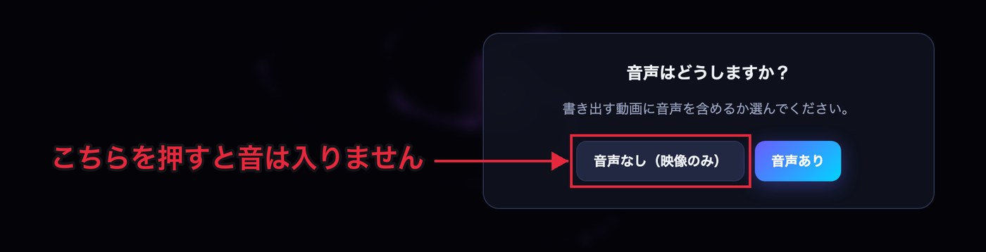 書き出しを押した直後に表示される「音声はどうしますか？」の確認画面。左に「音声なし（映像のみ）」、右に「音声あり」のボタンが並んでいる