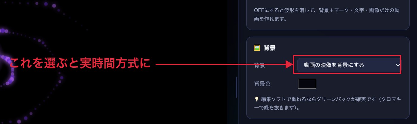 設定パネルの「背景」欄で「動画の映像を背景にする」を選んでいる画面。この設定だと実時間方式に固定される