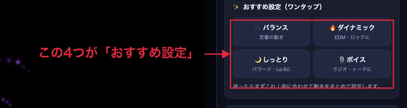カスタマイズタブにある「おすすめ設定」の4つのボタン